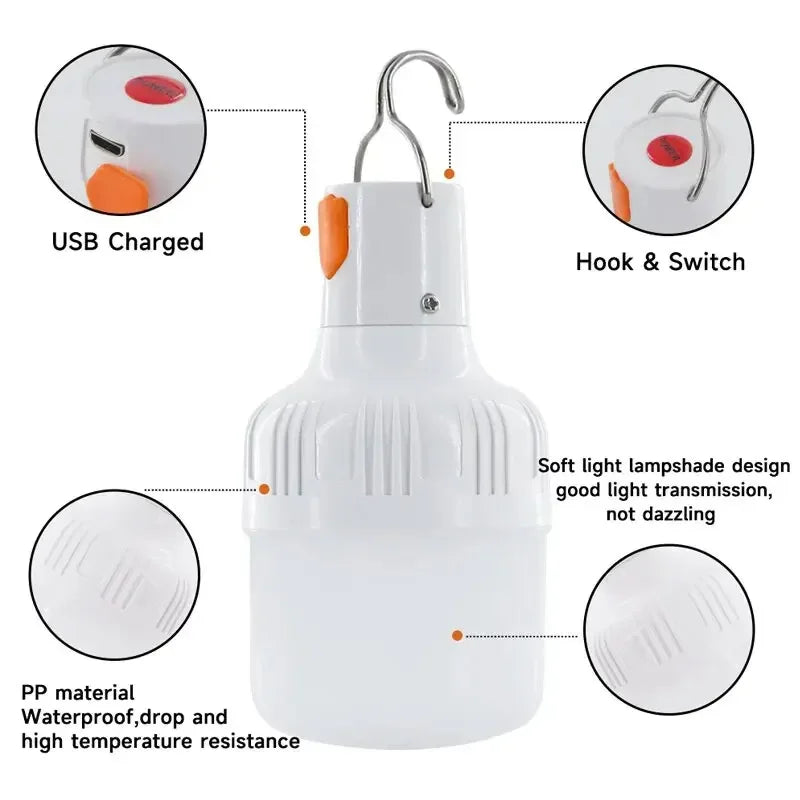 Lâmpada led luz de acampamento recarregável lanternas portáteis lâmpada com gancho