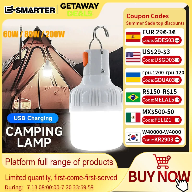 Lâmpada led luz de acampamento recarregável lanternas portáteis lâmpada com gancho