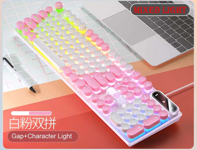 Teclado rosa cor mista branco rosa com fio para laptop ou computador