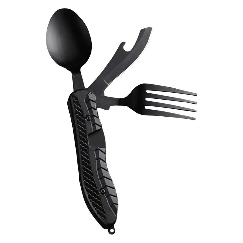 Talher dobrável três em um, multiferramenta para acampamento, aperto confortável, design de gancho, colher dobrável de aço inoxidável, garfo, faca, abertura de garrafa